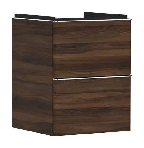 Hansgrohe Waschtischunterschrank in dunkler Holzoptik mit zwei Schubkästen. Geplante Montage für Handwaschbecken. Klarer, funktionaler Stil.